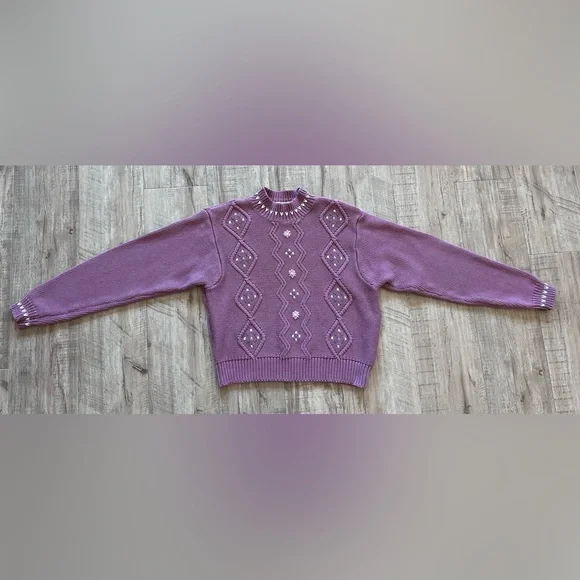 Vintage Embroidered floral flower Sweater 100% cotton mauve pink purple white - Picture 11 of 12